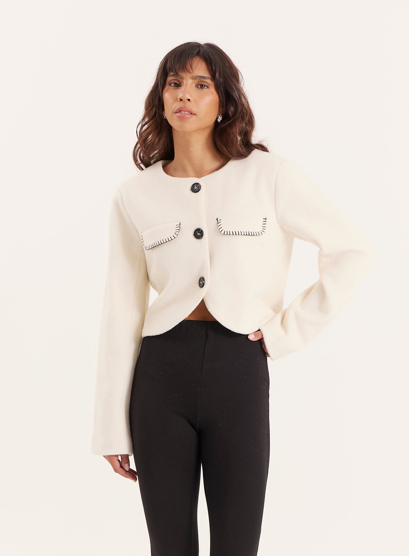 Cream Wool Contrast Pocket Cropped Jacket